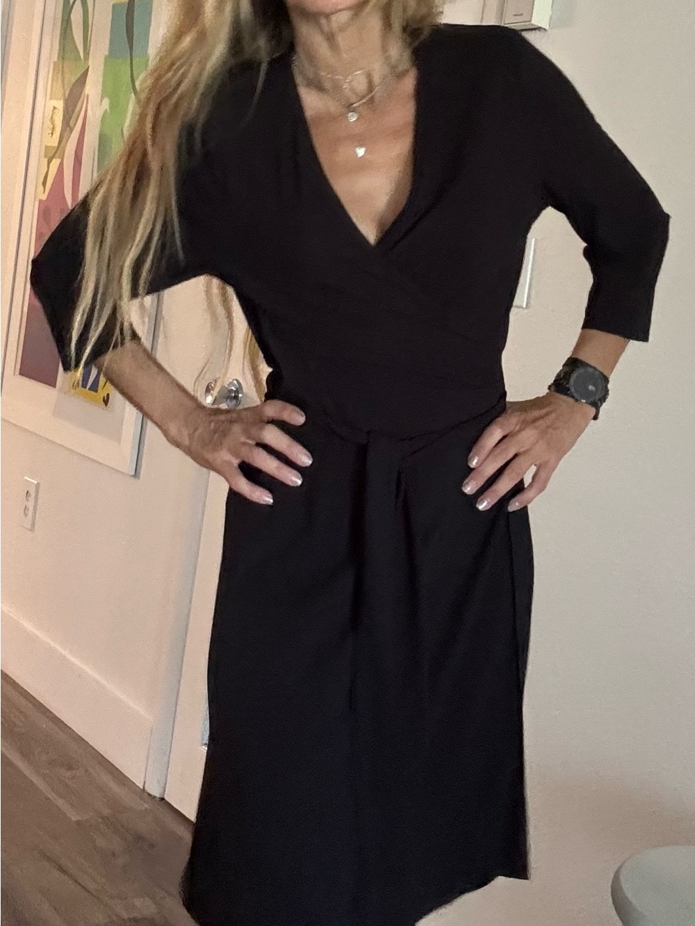 Vince Camuto Black V-Neck Wrap Midi Dress